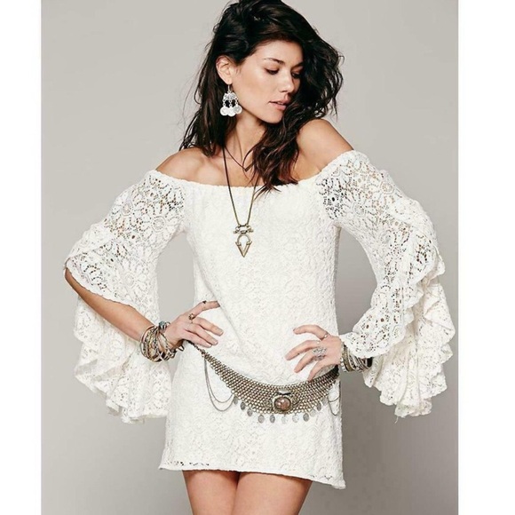 Jen's Pirate Booty Mini Dress French Lace Bardot Natural Size Medium - Picture 13 of 16